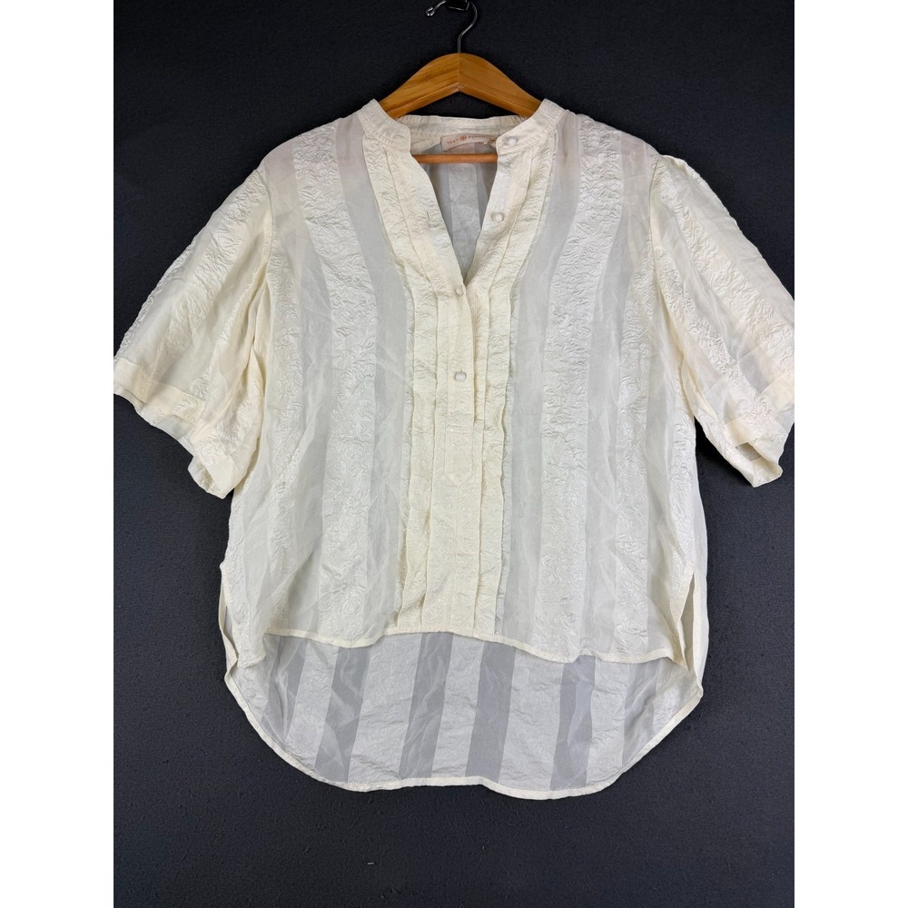 Tory Burch Womens Ivory Embroidered Floral Henley Blouse Short Sleeve Top 2